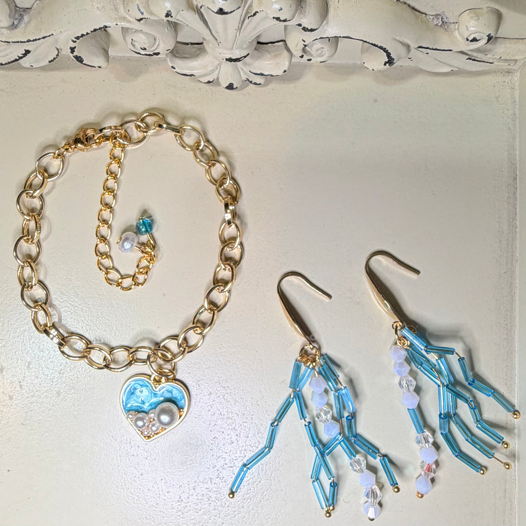 Ocean Pearl Heart Charm Jewelry Set – Turquoise Fringe Earrings & Gold Chain Bracelet by SublimeDesignsBySuzie