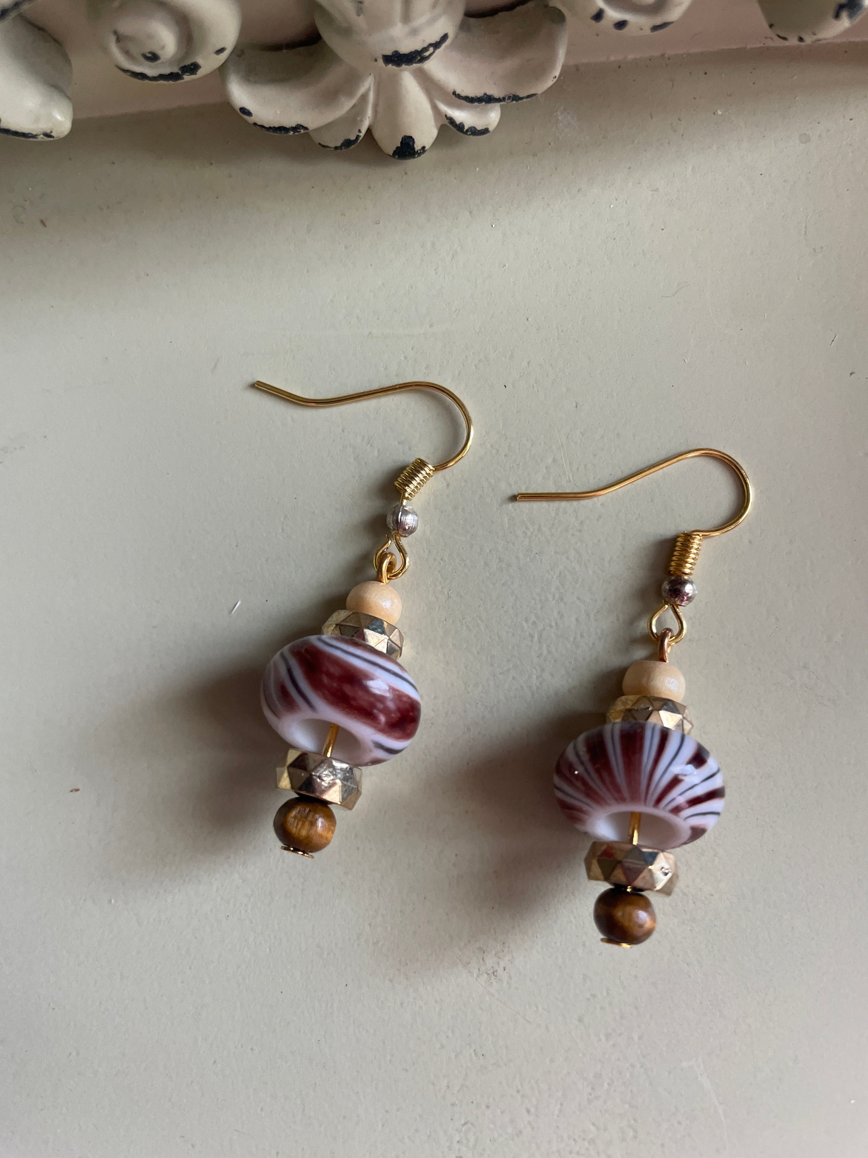 Brown Swirl Beaded Glass Earrings