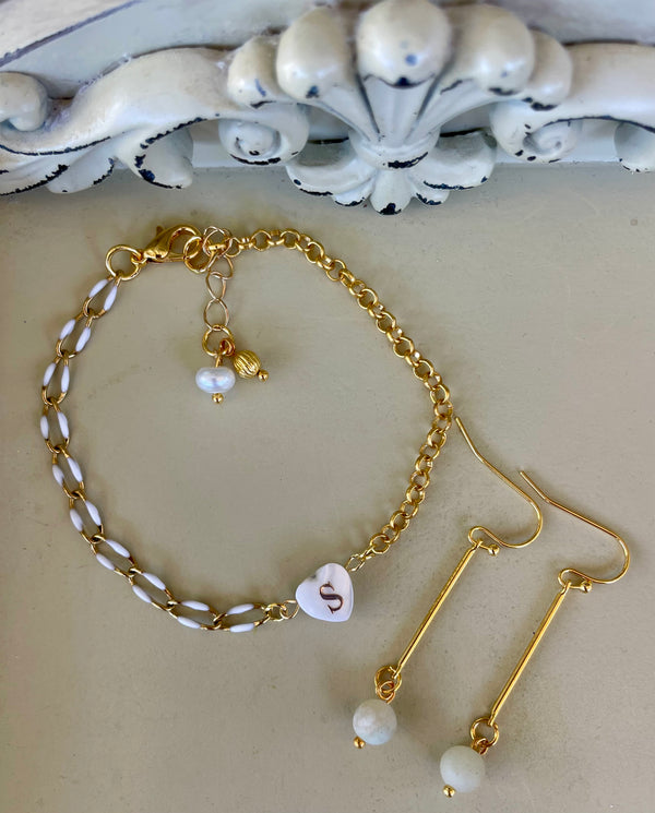 Gold Plated Mix and Match Jewelry Set - White Enamel Paperclip Bracelet with Personalized Heart Initial Charm & Opal Drop Earrings - By Suzie with Sublime Designs