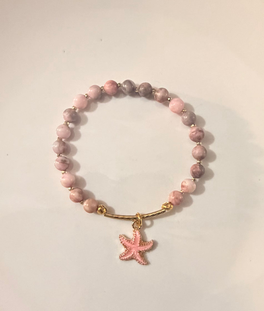Pink Zebra Jasper Bracelet with Starfish Charm in Gold
