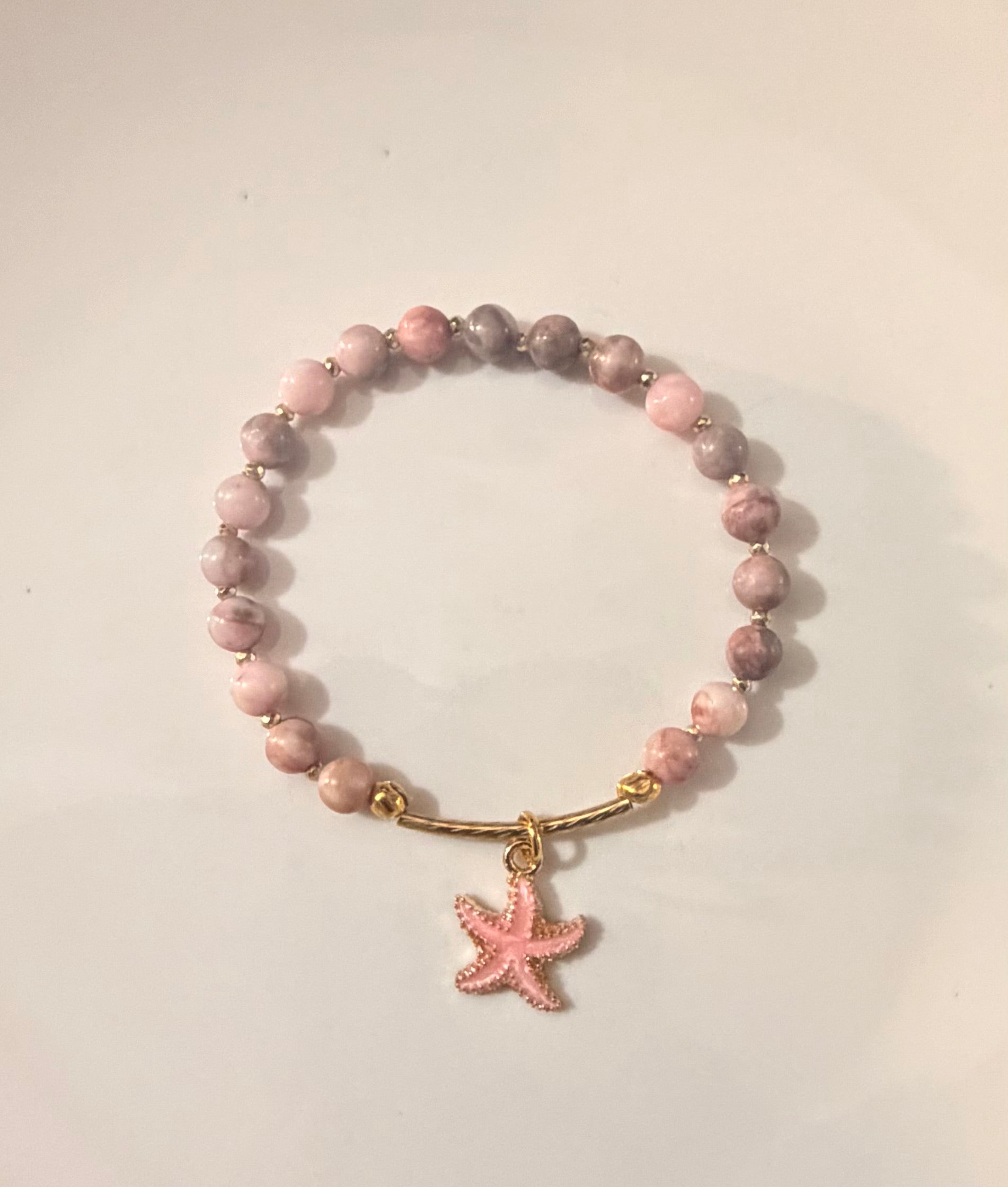 Pink Zebra Jasper Bracelet with Starfish Charm in Gold