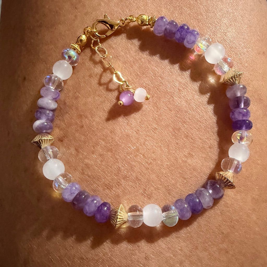 Natural Amethyst and Milky Quartz Gemstone Beaded Bracelet or Anklet with 18K Gold-Plated Findings
