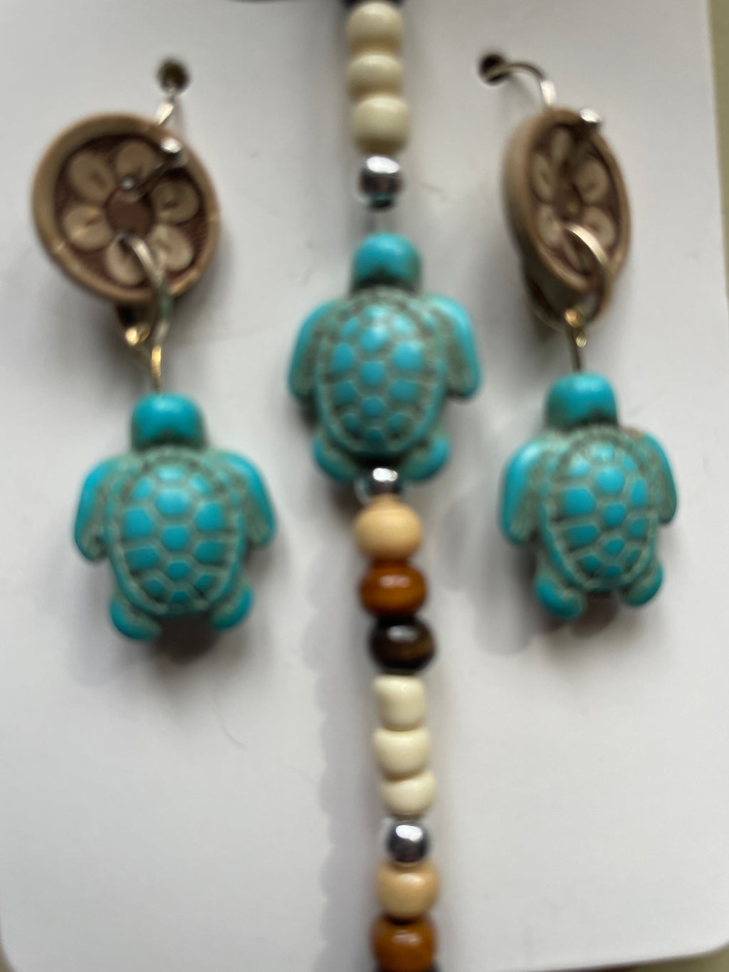 Turquoise Turtle with Flower wooden disc Earrings