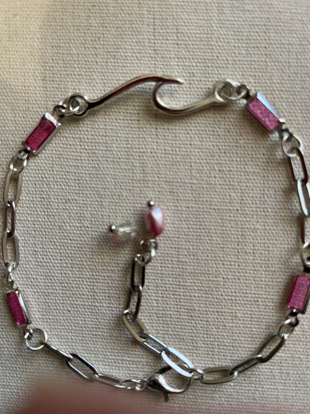 Dainty Silver Plated Paperclip Chain Bracelet or Anklet with Rectangular Rose Gemstone Birthstone Bars & Freshwater Pearl- SublimeDesignsBySuzie