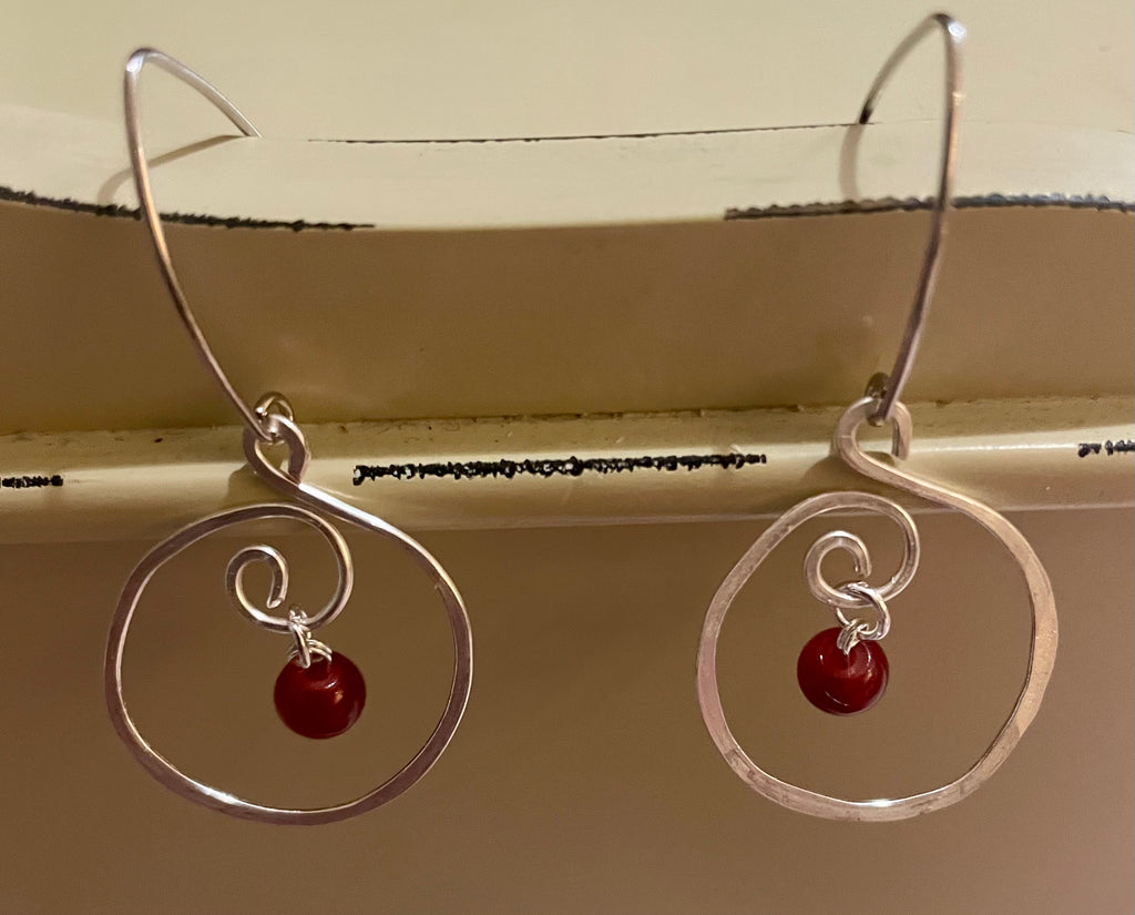 Cherry Red Glass Drop Swirl Earrings in Stainless