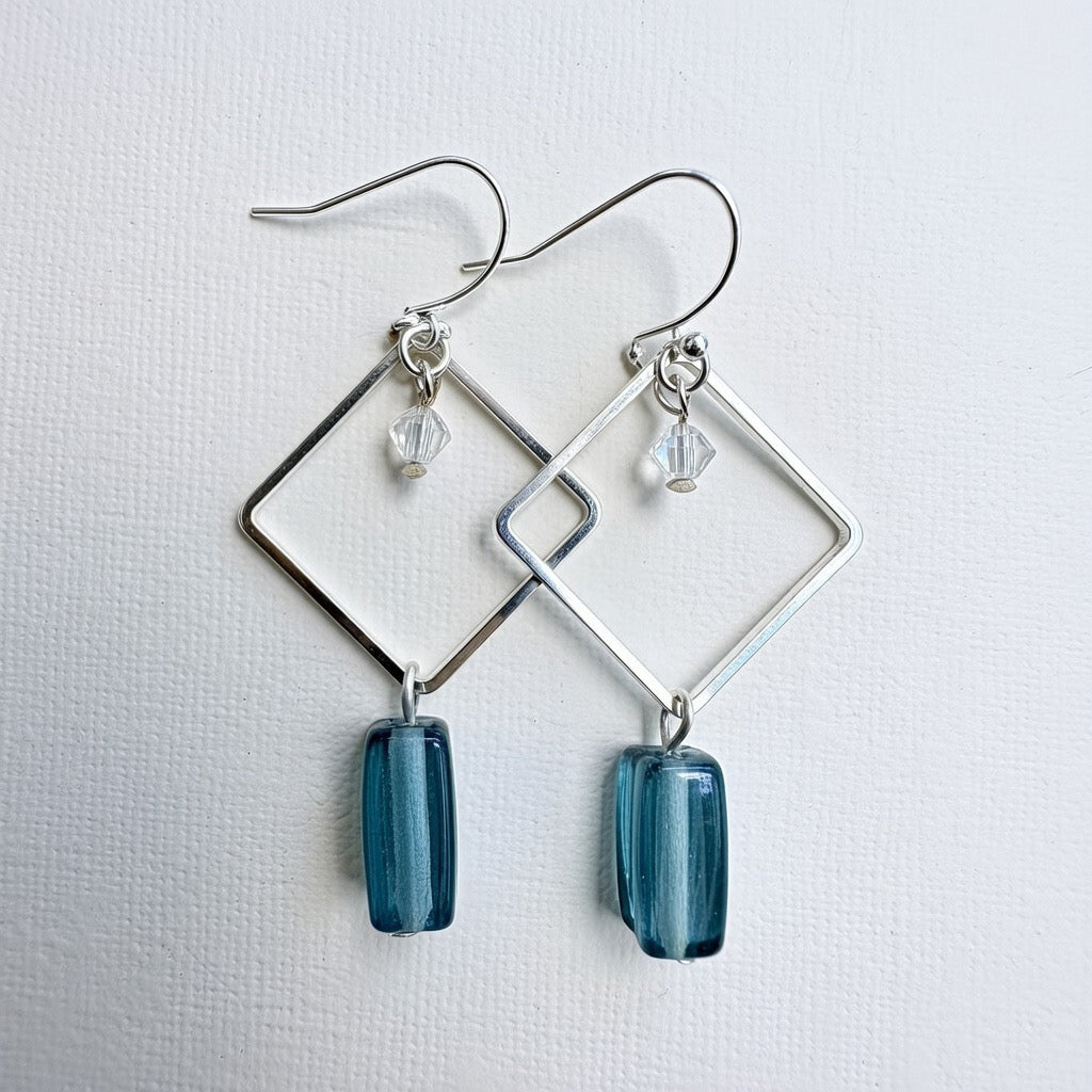 Ribbed Blue Glass Sea Crystal Silver Plated Earrings by SublimeDesignsBySuzie