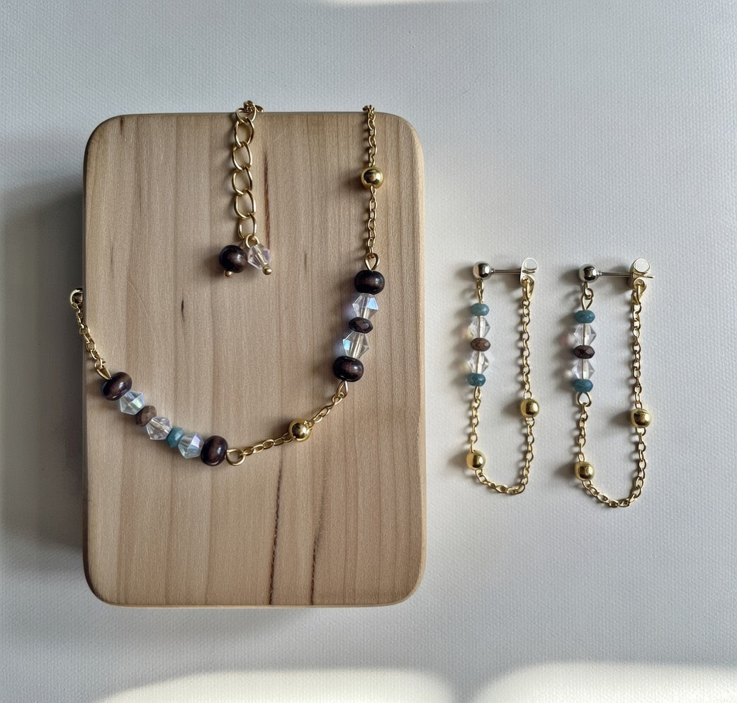 Handmade, Dainty Minimalist 18 Gold Plated Jasper Beaded Jewelry Set - Clear Crystal, Blue & Brown Chain Bracelet/Anklet + Dangle Earrings by SublimeDesignsBySuzie