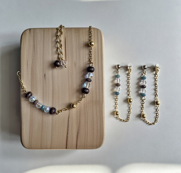 Handmade, Dainty Minimalist 18 Gold Plated Jasper Beaded Jewelry Set - Clear Crystal, Blue & Brown Chain Bracelet/Anklet + Dangle Earrings by SublimeDesignsBySuzie