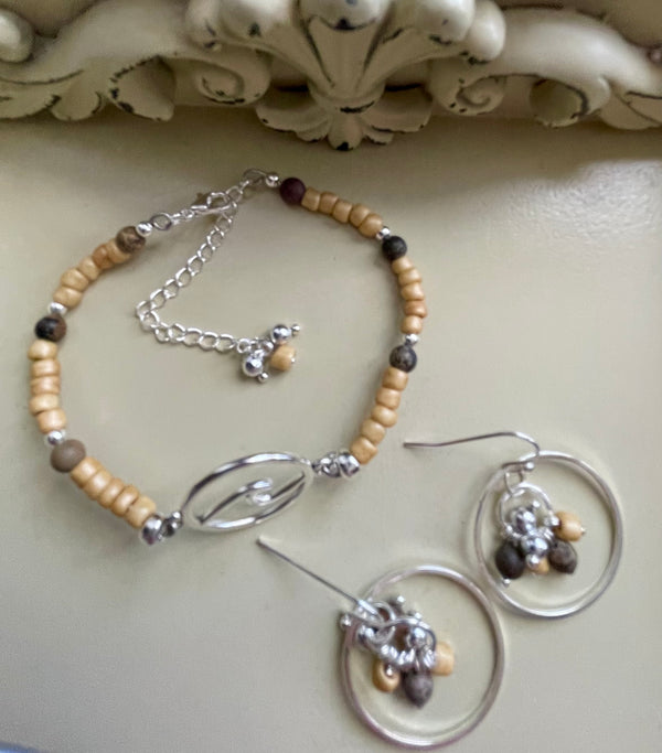 Earthy Neutral Beaded Jewelry Set – Wood Stone Bracelet & Cluster Hoop Earrings, Silver Accents Tan Brown Gray Handmade Boho Gift by Suzie with Sublime Designs