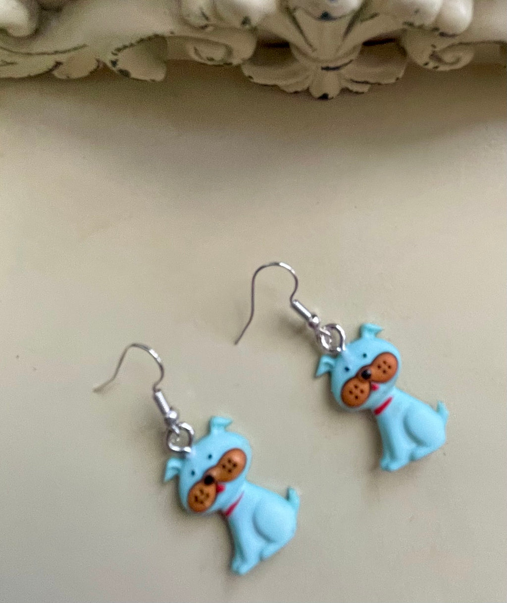Cute Blue Puppy Earrings & Turquoise Beaded Bracelet Set – Brown Wood Accents Silver Spacers, Adorable Dog Charm Dangles Handmade Pet Lover Gift