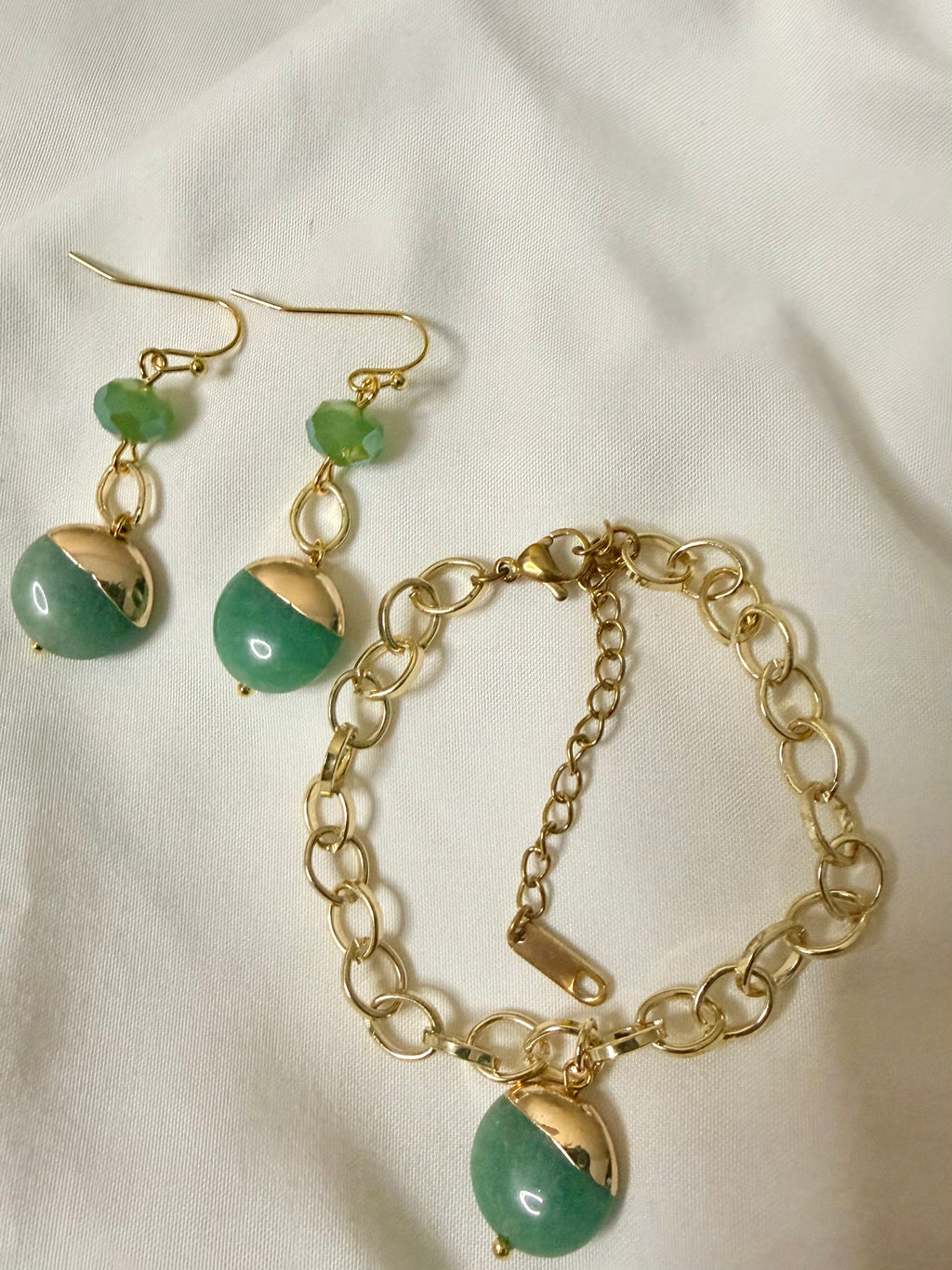 Modern Luck Jewelry Set: Gold Vermeil Green Stone Drops & Link Bracelet
