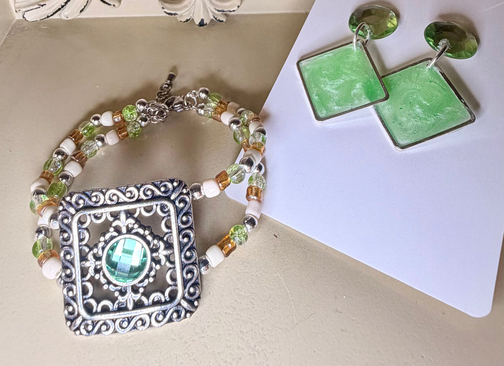 Vintage Style Green Crystal Peridot Geometric Drop Statement Jewelry Set by Suzie with Sublime Designs