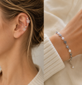 Silver Plated Non-Pierced Ear Cuff Set with Star Charms & Convertible Pearl Flower Bracelet Anklet