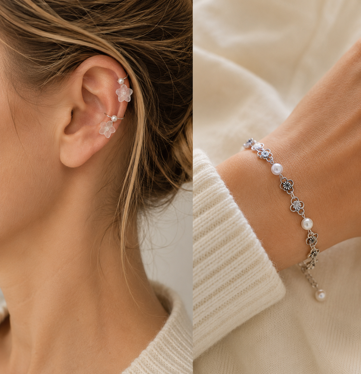 Silver Plated Non-Pierced Ear Cuff Set with Star Charms & Convertible Pearl Flower Bracelet Anklet