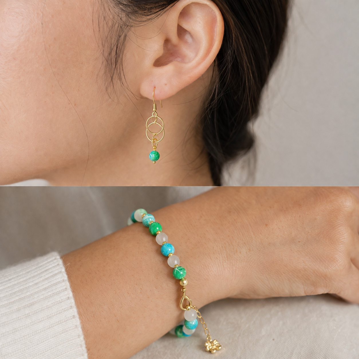 Amazonite & Moonstone Jewelry Set- Earrings & Bracelet in Silver or Gold