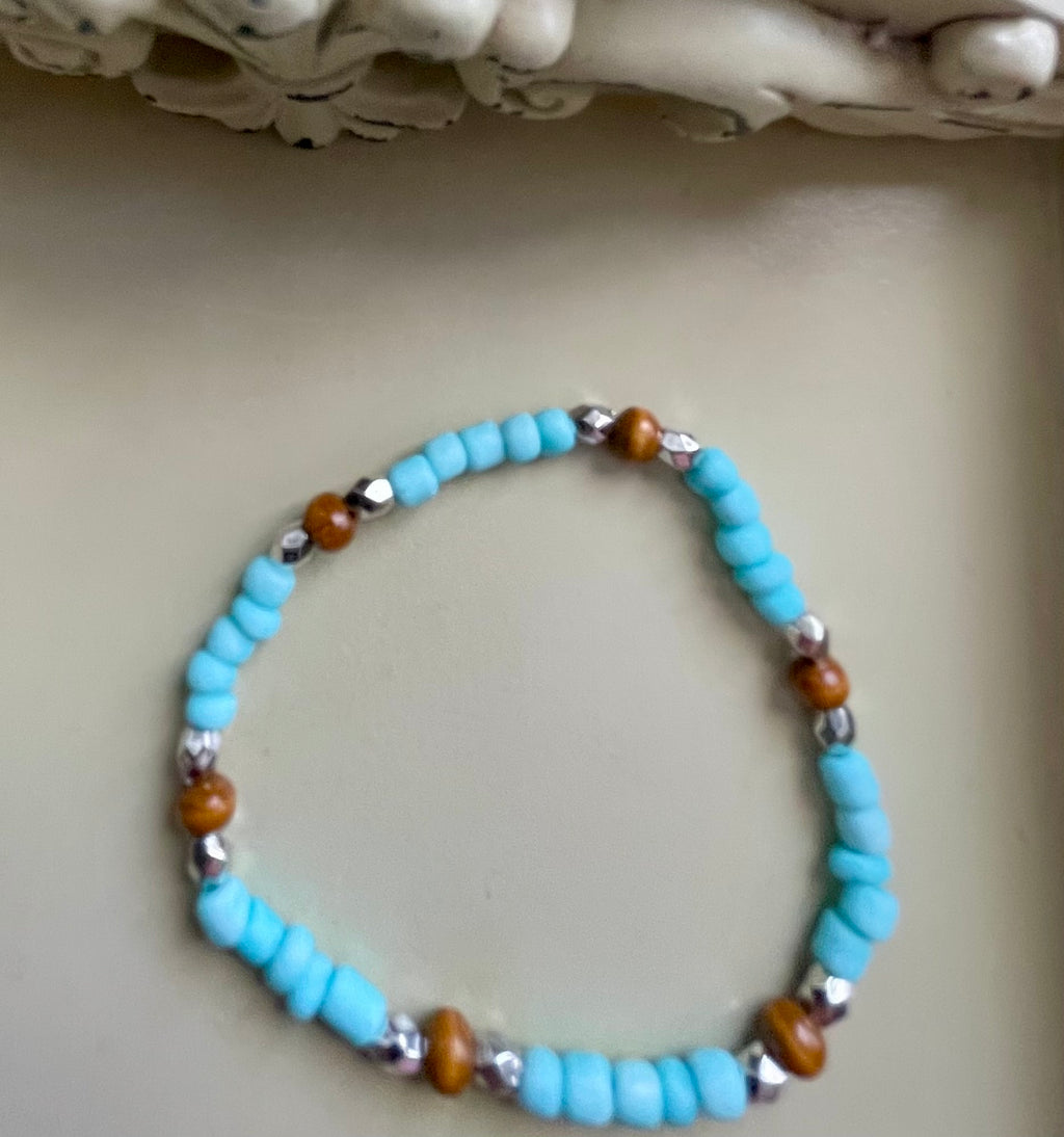 Cute Blue Puppy Earrings & Turquoise Beaded Bracelet Set – Brown Wood Accents Silver Spacers, Adorable Dog Charm Dangles Handmade Pet Lover Gift