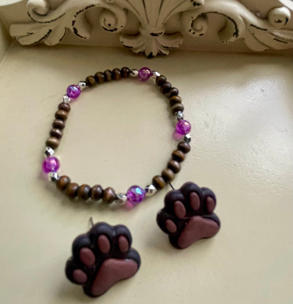 Paw Print Earrings & Tiger Eye Beaded Bracelet Set – Purple Accent Wooden Beads Silver Spacers, Cute Animal Paw Studs Handmade Pet Lover Gift by Suzie with Sublime Designs