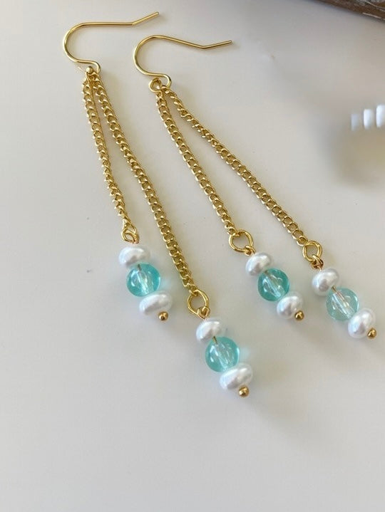 Coastal Boho Turquoise & White Gold Beaded Earrings Bohemian Beach Style, Flower Charm, Handmade Gift by SublimeDesignsBySuzie