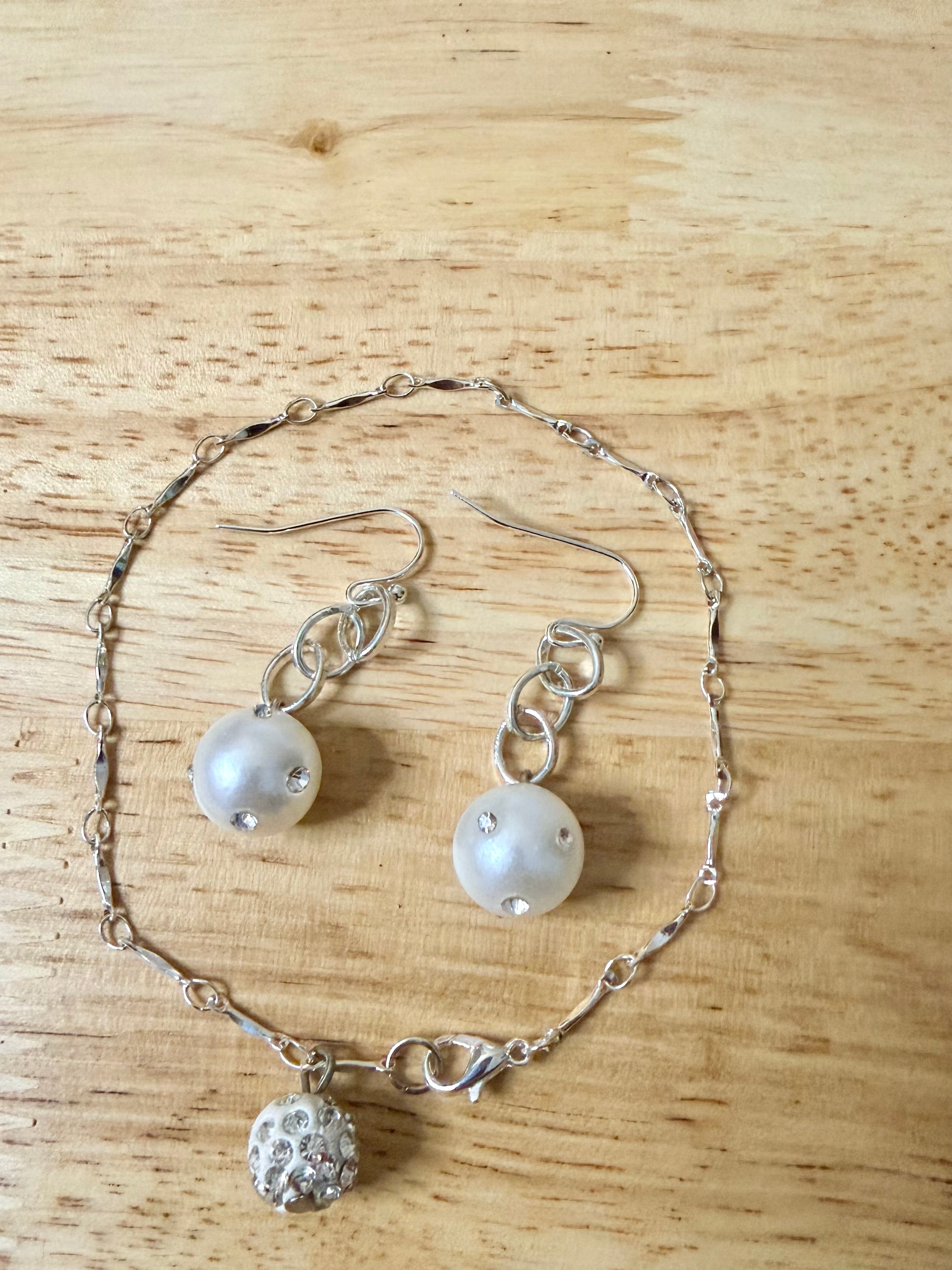 Handmade Silver Pearl & Crystal Jewelry Set: Chain Link Bracelet + Drop Earrings with Sparkling Rhinestone Pearl by SublimeDesignsBySuzie in Flagler Beach