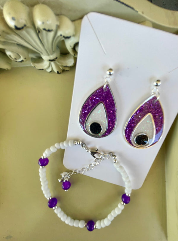 Boho Silver Plated Resin Glitter Earrings & Bracelet Set - Purple Teardrop with Opal Black Inlay, Amethyst Beads Gift for Her- by Suzie with Sublime Designs l