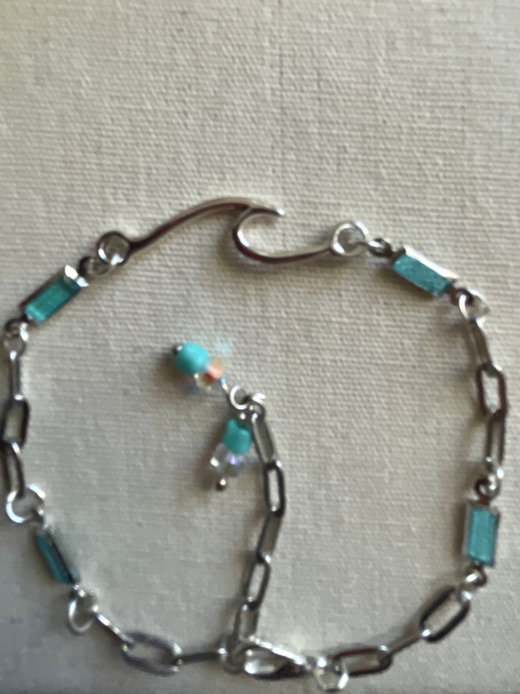 Silver Plated Paperclip Chain Bracelet or Anklet with Rectangular Gemstone Aquamarine Birthstone Bars