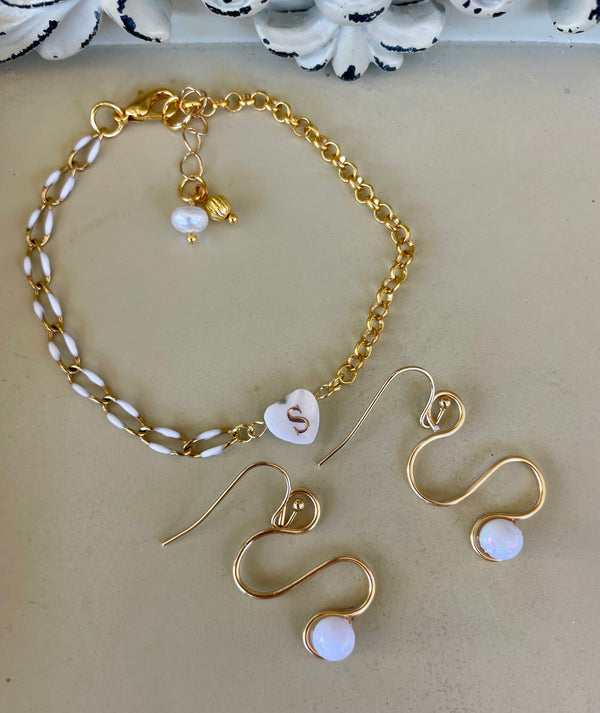 Mix and Match Gold Plated Heart Customize Initial Jewelry - Enamel Chain Initial Personalized Bracelet Opal Earrings Personalized Charm- SublimeDesignsBySuzie