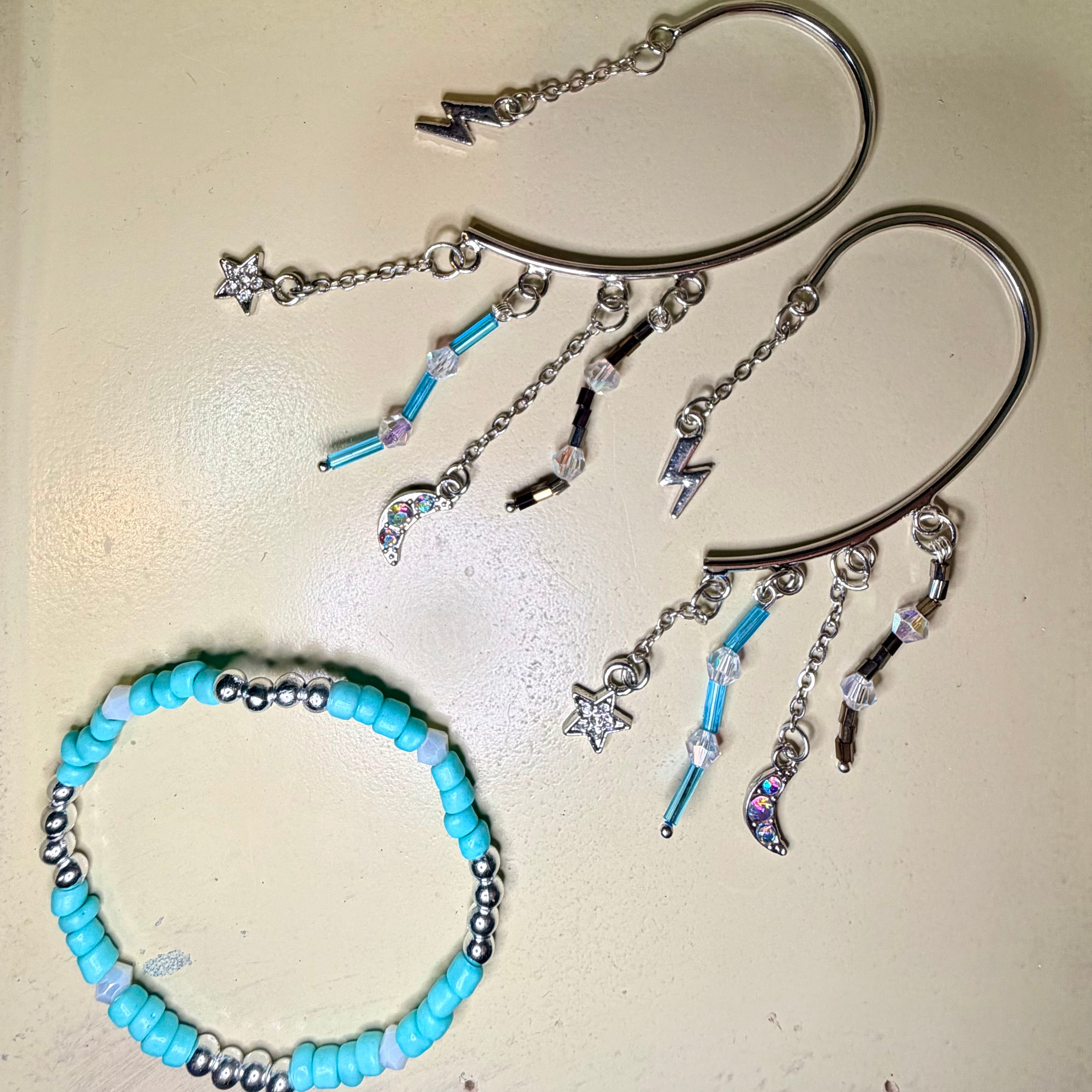 Turquoise Celestial Ear Cuff Jewelry Set – Silver Lightning Bolt & Moon Ear Cuffs with Beaded Bracelet- SublimeDesignsBySuzie
