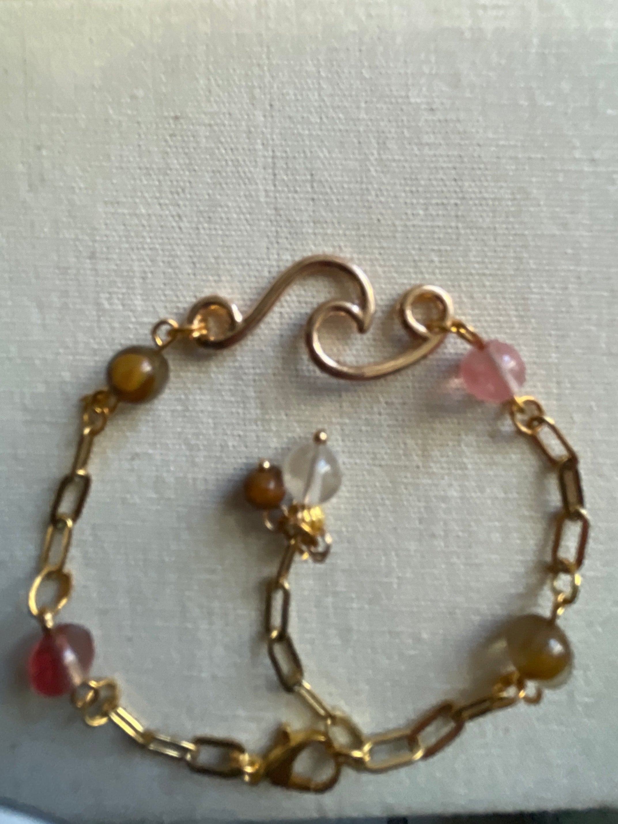 14K Gold Plated PVD Paperclip Chain Bracelet or Anklet with Rose Quartz & Tiger Eye Beads
