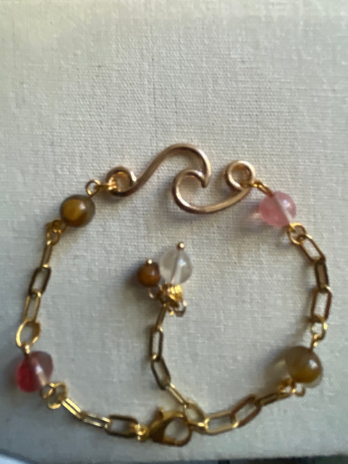 14K Gold Plated PVD Paperclip Chain Bracelet or Anklet with Rose Quartz & Tiger Eye Beads