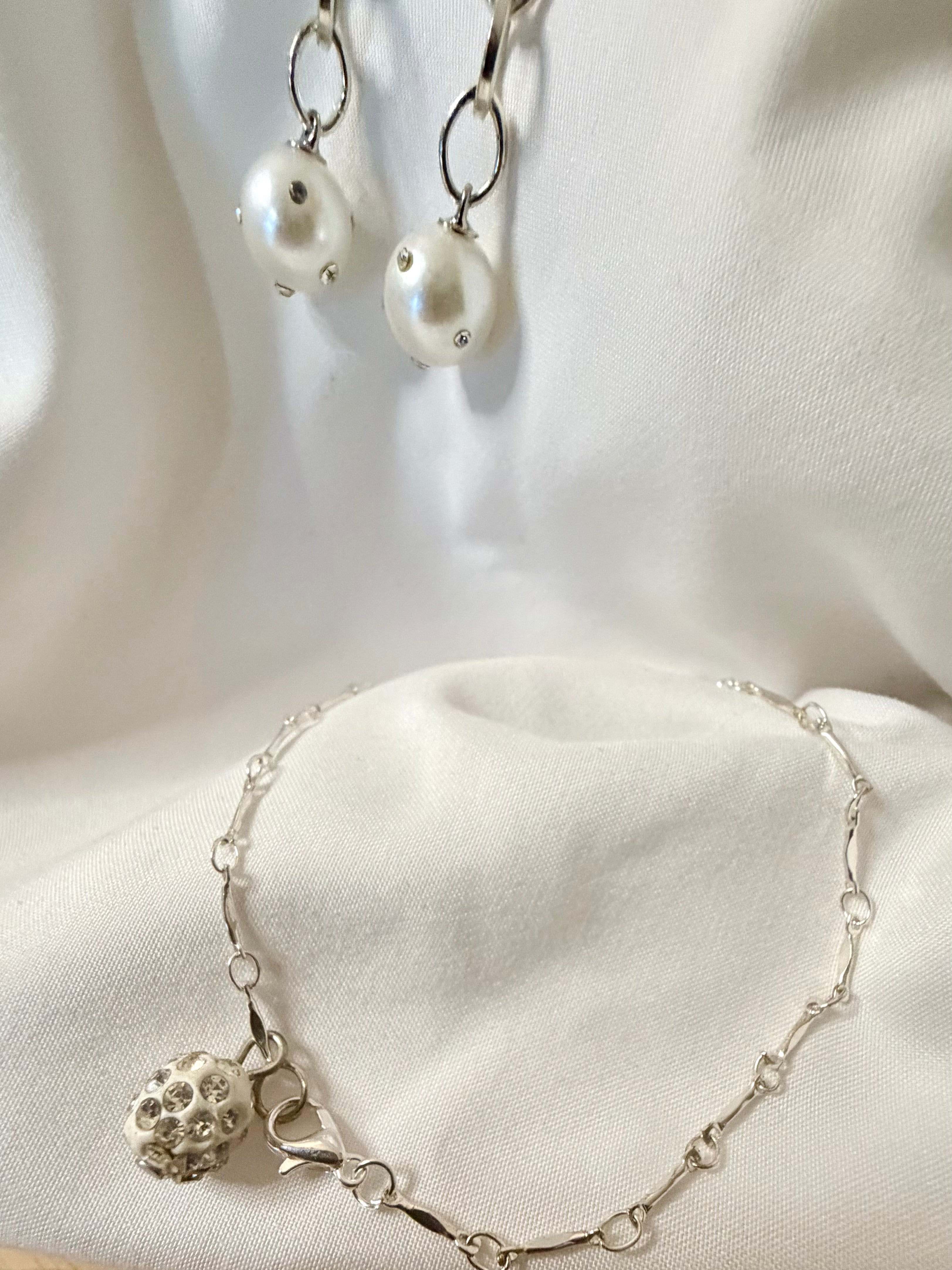 Handmade Silver Pearl & Crystal Jewelry Set- Sparkling Rhinestone Pearl by SublimeDesigns