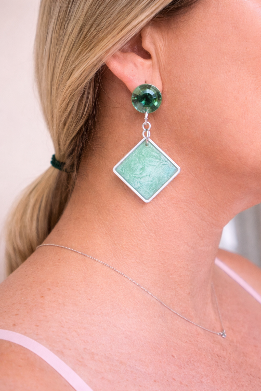 Vintage Style Green Crystal Peridot Geometric Drop Statement Jewelry Set by Suzie with Sublime Designs