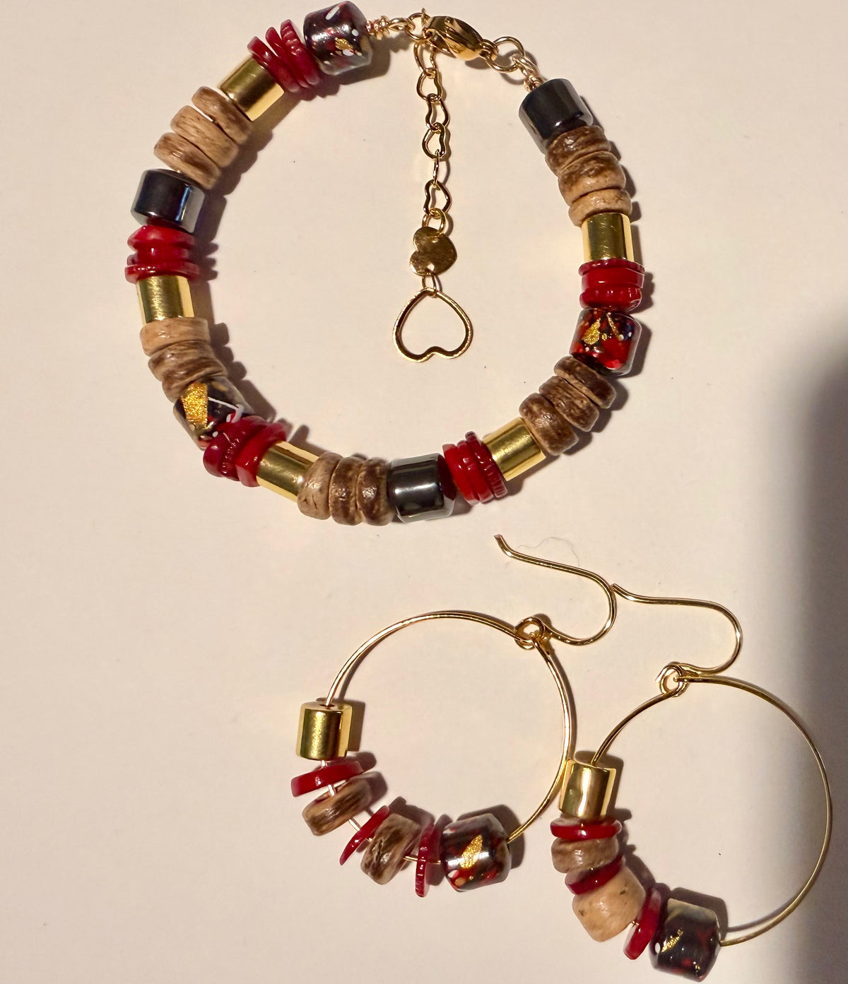 18K Gold Coral & Hematite Bracelet and Hoop Set