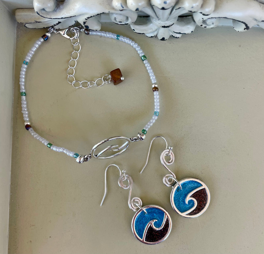 Ocean Inspired Silver Plated Set - Enamel Blue Wave Earrings, Pearl Beaded Bracelet with Brown Gem Charm, Coastal Jewelry-SublimeDesignsBySuzie