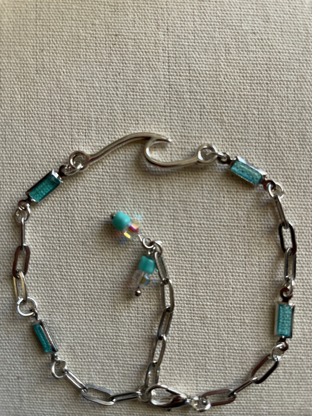 Silver Plated Paperclip Chain Bracelet or Anklet with Rectangular Gemstone Aquamarine Birthstone Bars