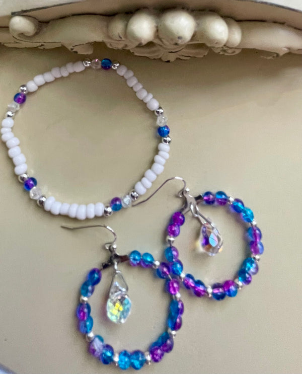 Mermaid Iridescent Crystal Hoop Earrings & White Beaded Bracelet Set – AB Coated Blue Purple Teal Prism Dangles, Rainbow Sparkle Jewelry Handmade Gift