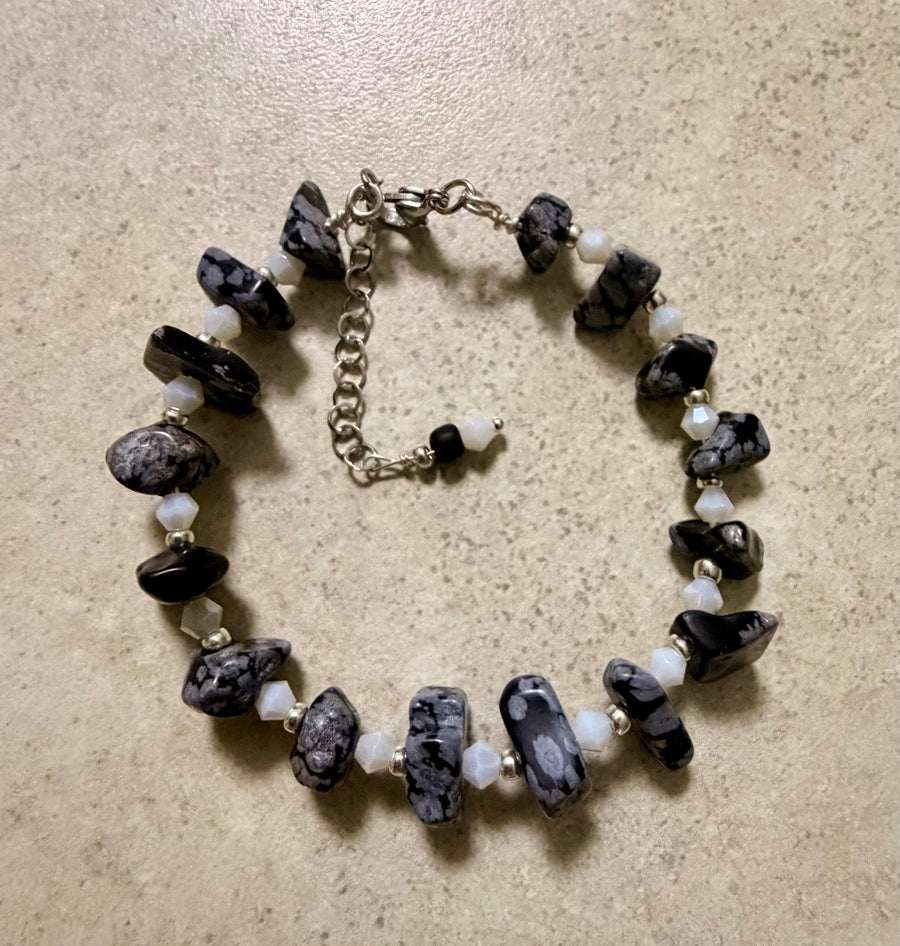 Scorpio Zodiac Bracelet- Snowflake Obsidian Stainless Steel Adjustable Bracelet with Crystal & Moonstone