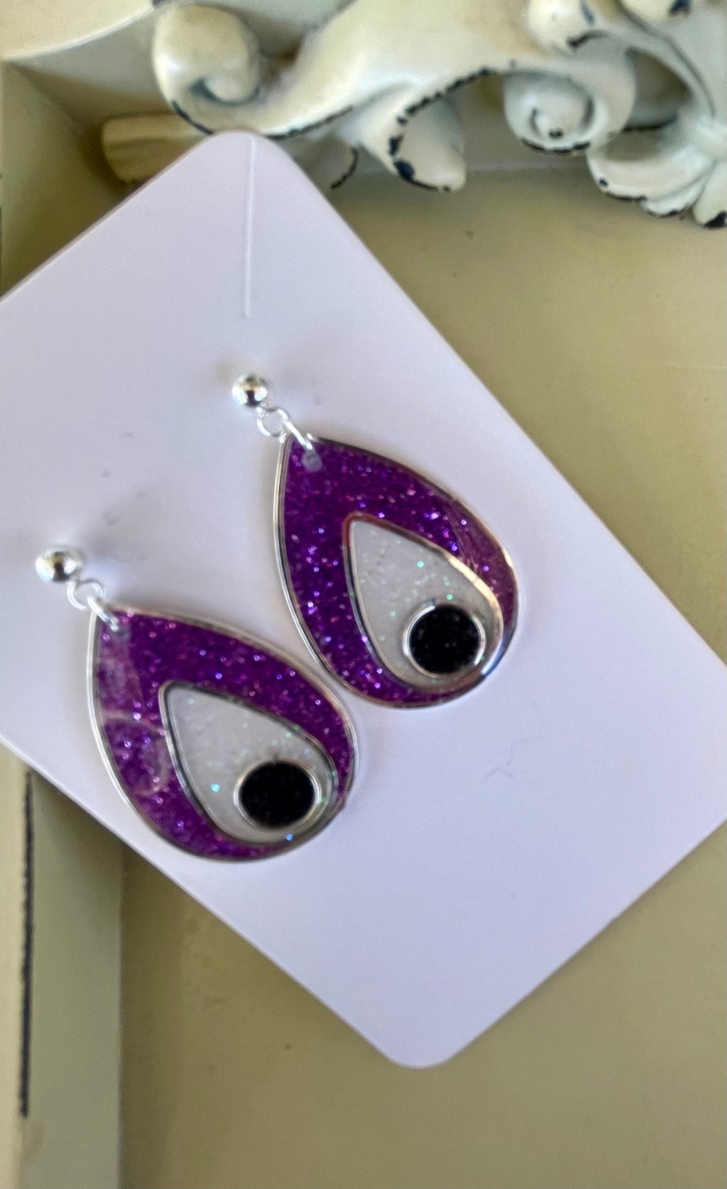 Boho Silver Plated Resin Glitter Earrings & Bracelet Set - Purple Teardrop with Opal Black Inlay, Amethyst Beads Gift for Her- by Suzie with Sublime Designs l