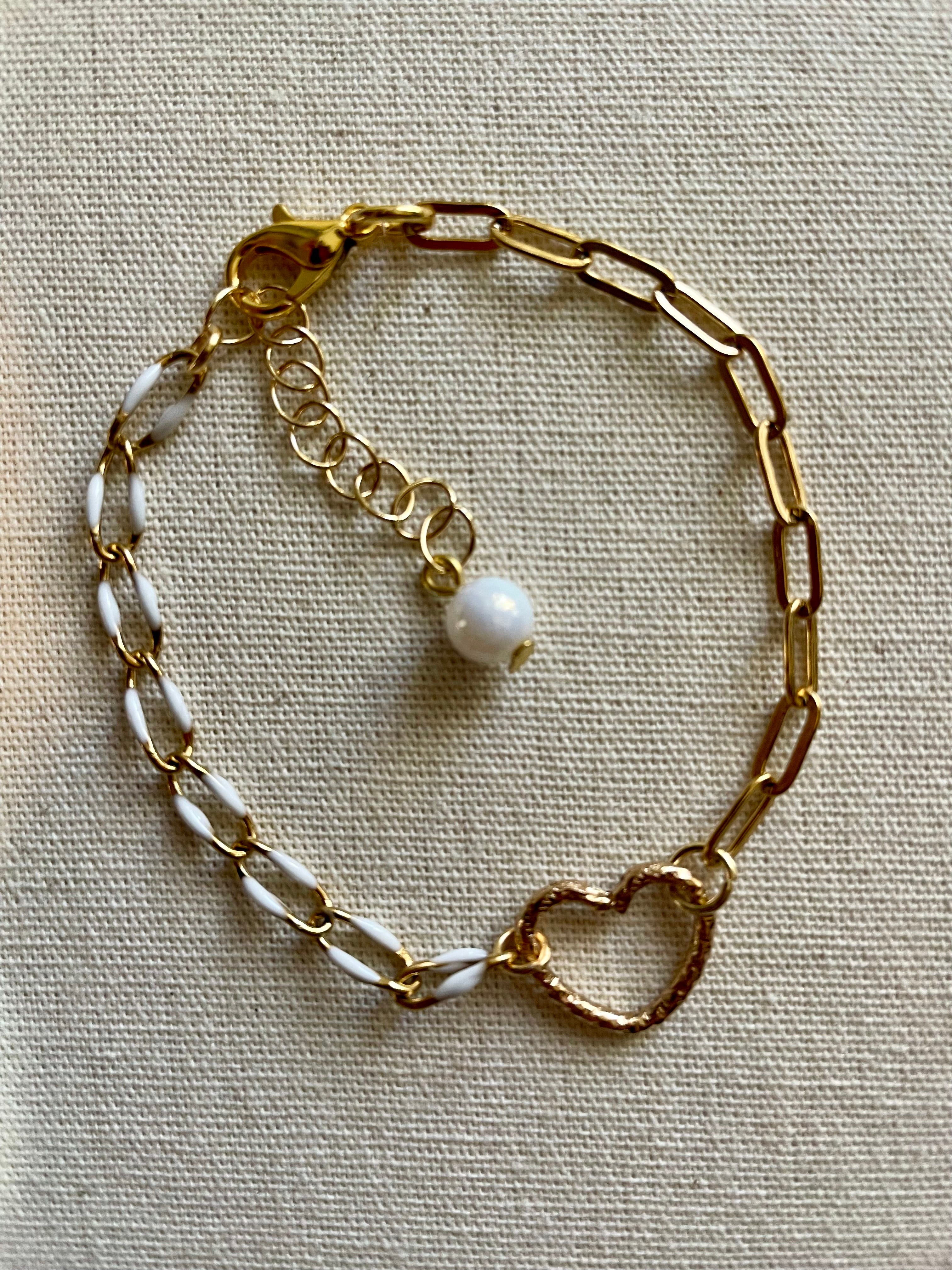 18K Gold Plated PVD Enamel & Opal Mix & Match Mixed Link Jewelry Set - Chunky Paperclip Bracelet Heart Clasp + Opal Dangle Earrings-SublimeDesignsBySuzie