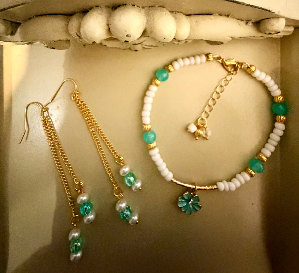 Turquoise & Pearl Gold Plated PVD Beaded Bracelet or Anklet & Dangle Earrings Set - Bohemian Beach Style, Flower Charm, Handmade Gift made by Suzie with Sublime Designs