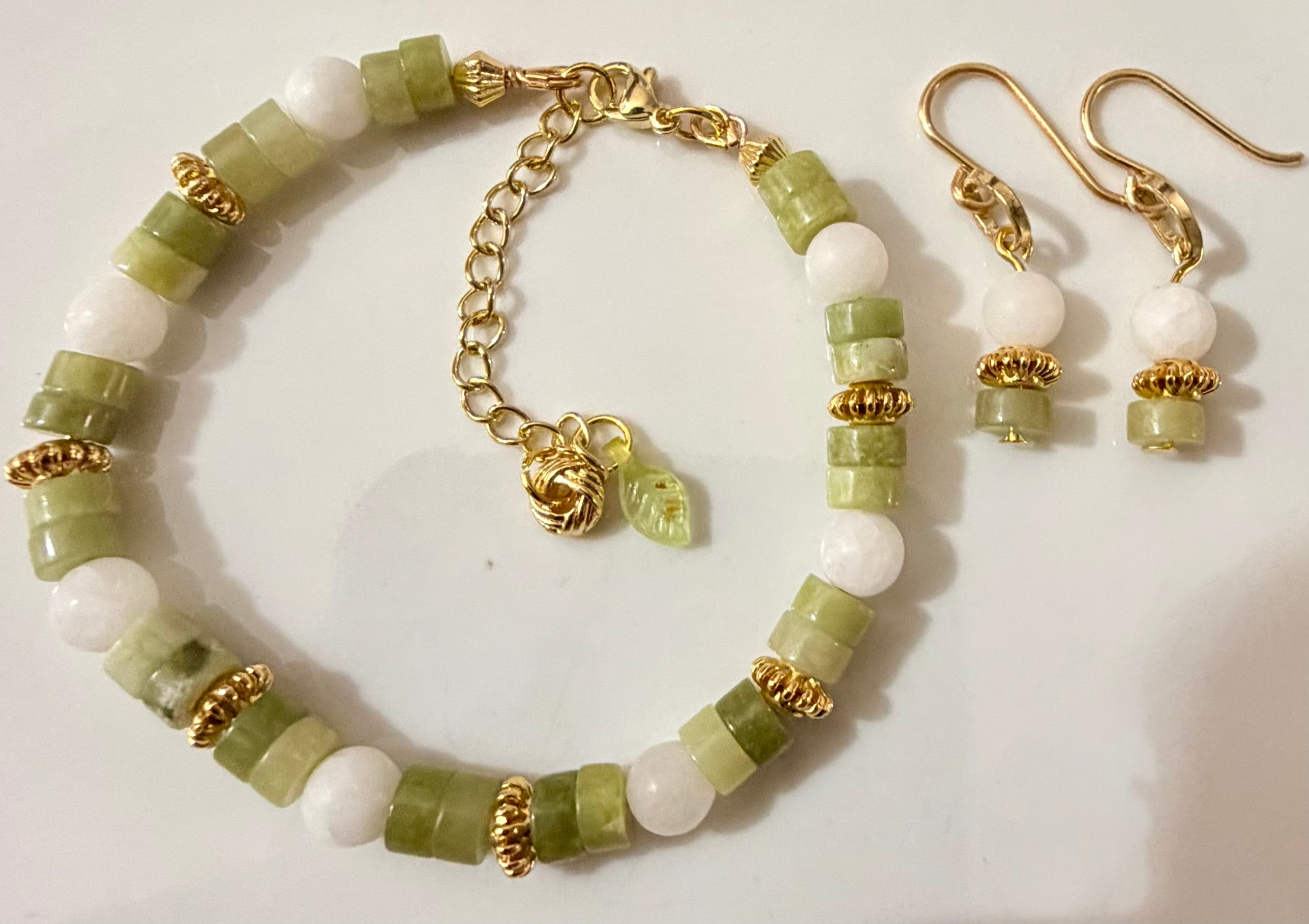 Natural Green Jade and White Quartz Beaded Jewelry Set with 18K Gold Plated Accents