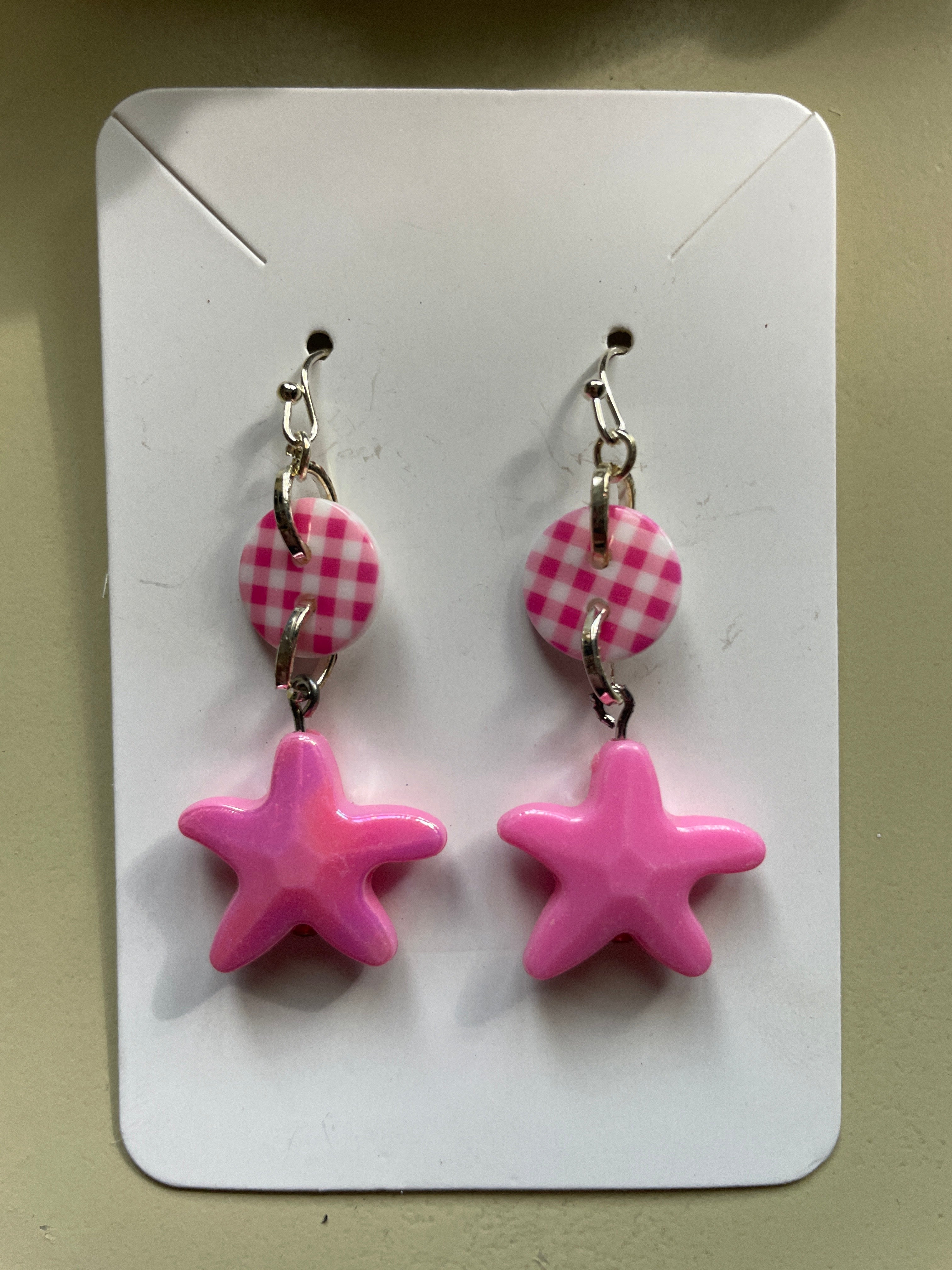 Pink Plaid Checkered Starfish Earrings