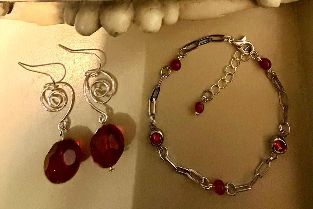 Elegant & Vibrant Ruby Red Rhinestone Crystal Set - Silver Paperclip Link Bracelet & Dangle Earrings Gift for Her by Suzie with Sublime Designs