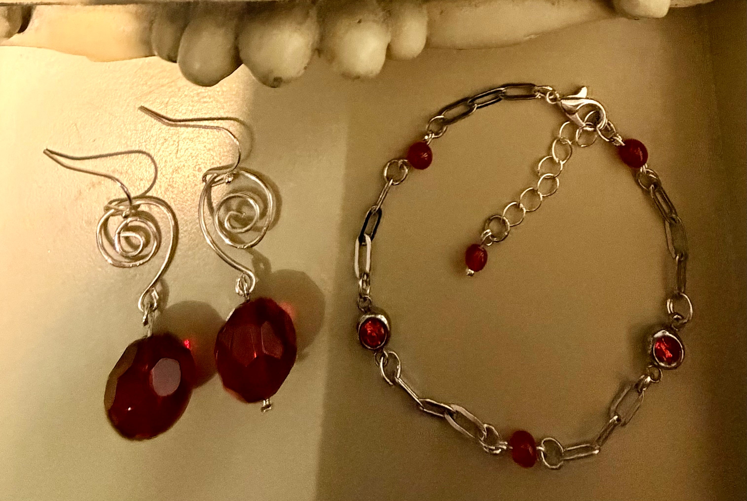 Elegant & Vibrant Ruby Red Rhinestone Crystal Set - Silver Paperclip Link Bracelet & Dangle Earrings Gift for Her by Suzie with Sublime Designs