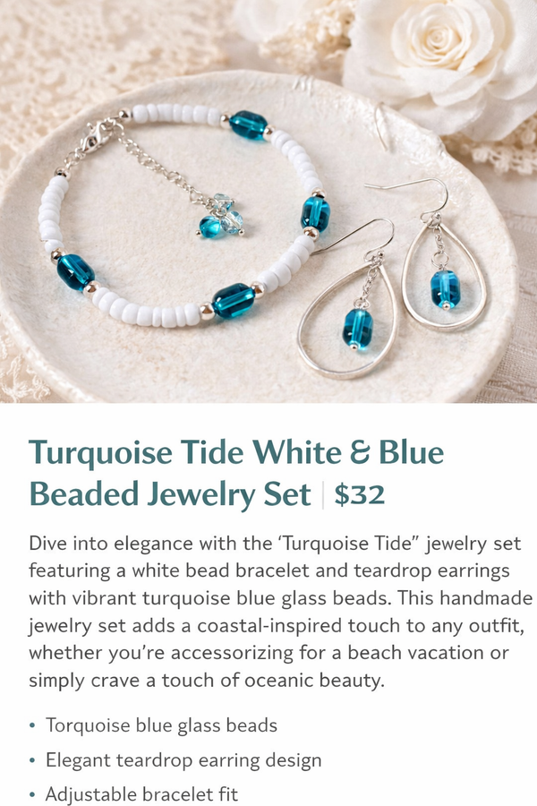 Turquoise Blue & White Beaded Jewelry Set – Coastal Teardrop Earrings & Adjustable Bracelet SublimeDesignsBySuzie