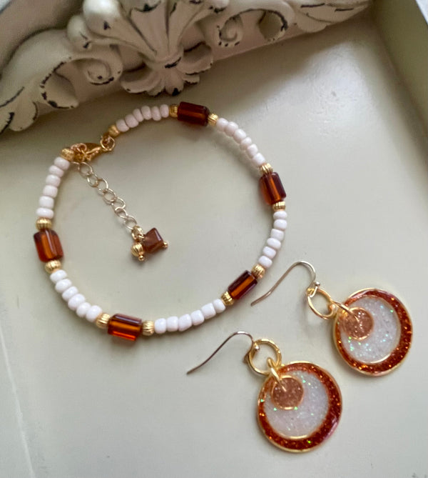 Amber Glitter Drusy Circle Earrings & Amber Beaded Bracelet Set – Gold Plated White Beads Sparkle Jewelry, Boho Sunset Glow Handmade Gift by Suzie