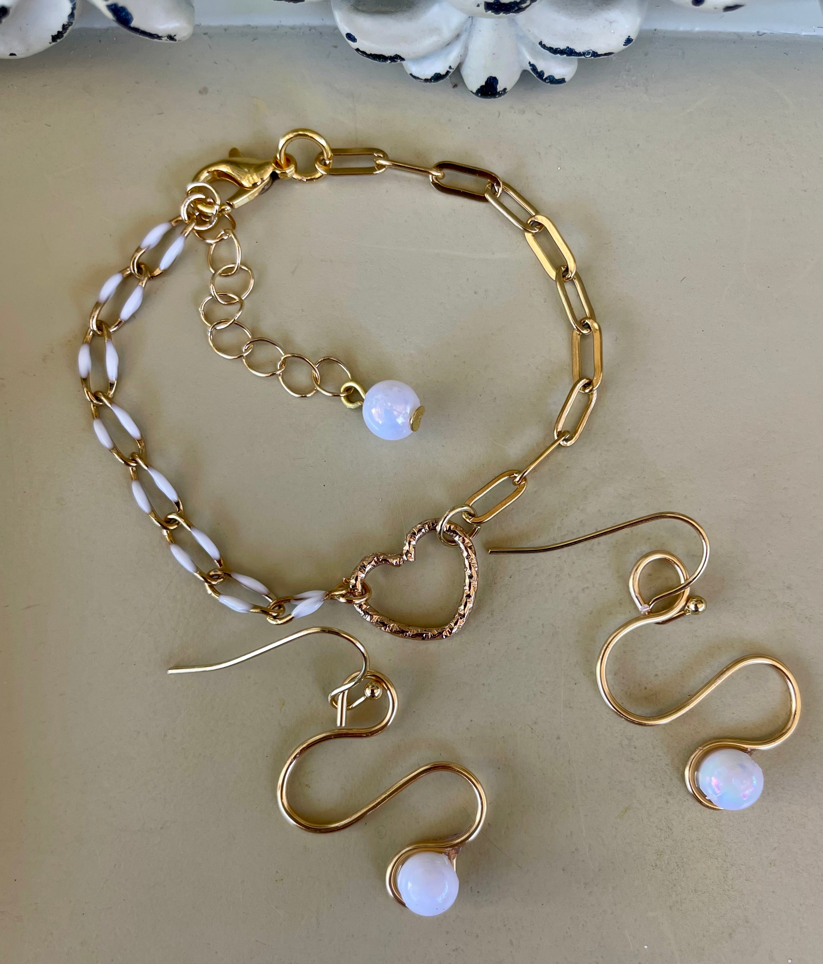 18K Gold Plated PVD Enamel & Opal Mix & Match Mixed Link Jewelry Set - Chunky Paperclip Bracelet Heart Clasp + Opal Dangle Earrings-SublimeDesignsBySuzie
