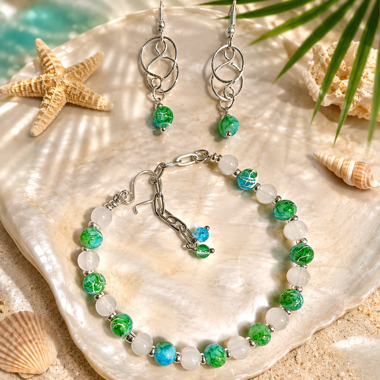 Amazonite & Moonstone Jewelry Set- Earrings & Bracelet in Silver or Gold