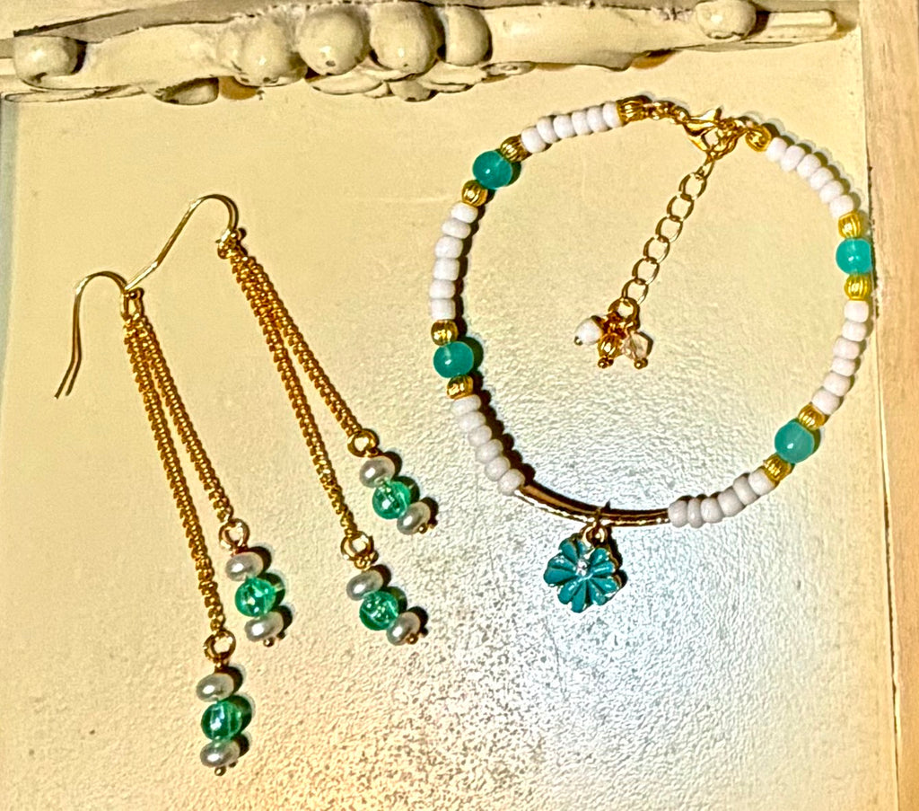 Coastal Boho Turquoise & White Gold Beaded Earrings Bohemian Beach Style, Flower Charm, Handmade Gift by SublimeDesignsBySuzie