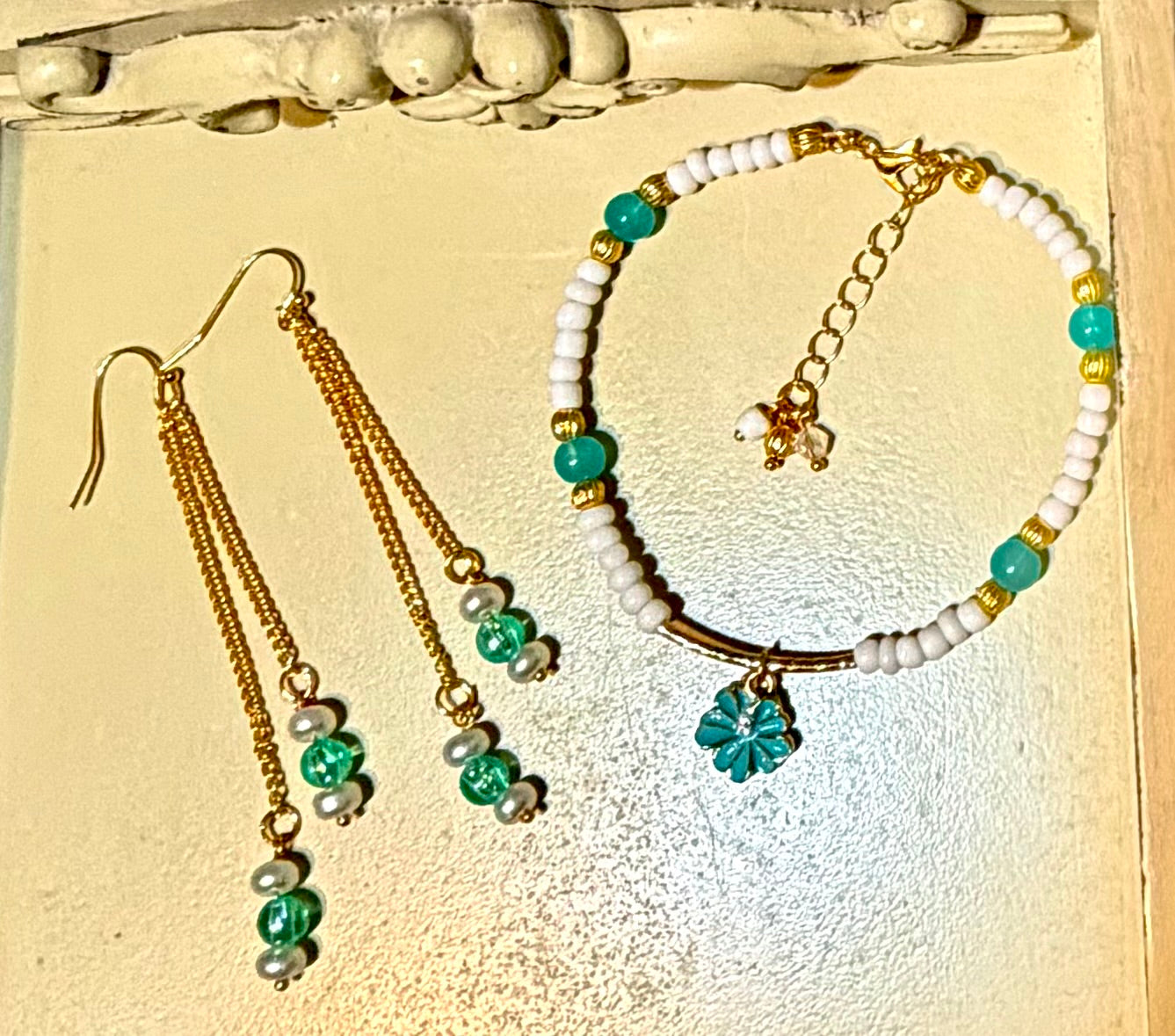 Coastal Boho Turquoise & White Gold Beaded Earrings Bohemian Beach Style, Flower Charm, Handmade Gift by SublimeDesignsBySuzie