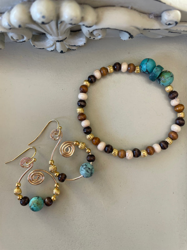 Handmade Boho Natural Turquoise Beaded Bracelet & Gold Drop Earrings Set - Boho Earthy Jewelry- by SublimeDesignsBySuzie